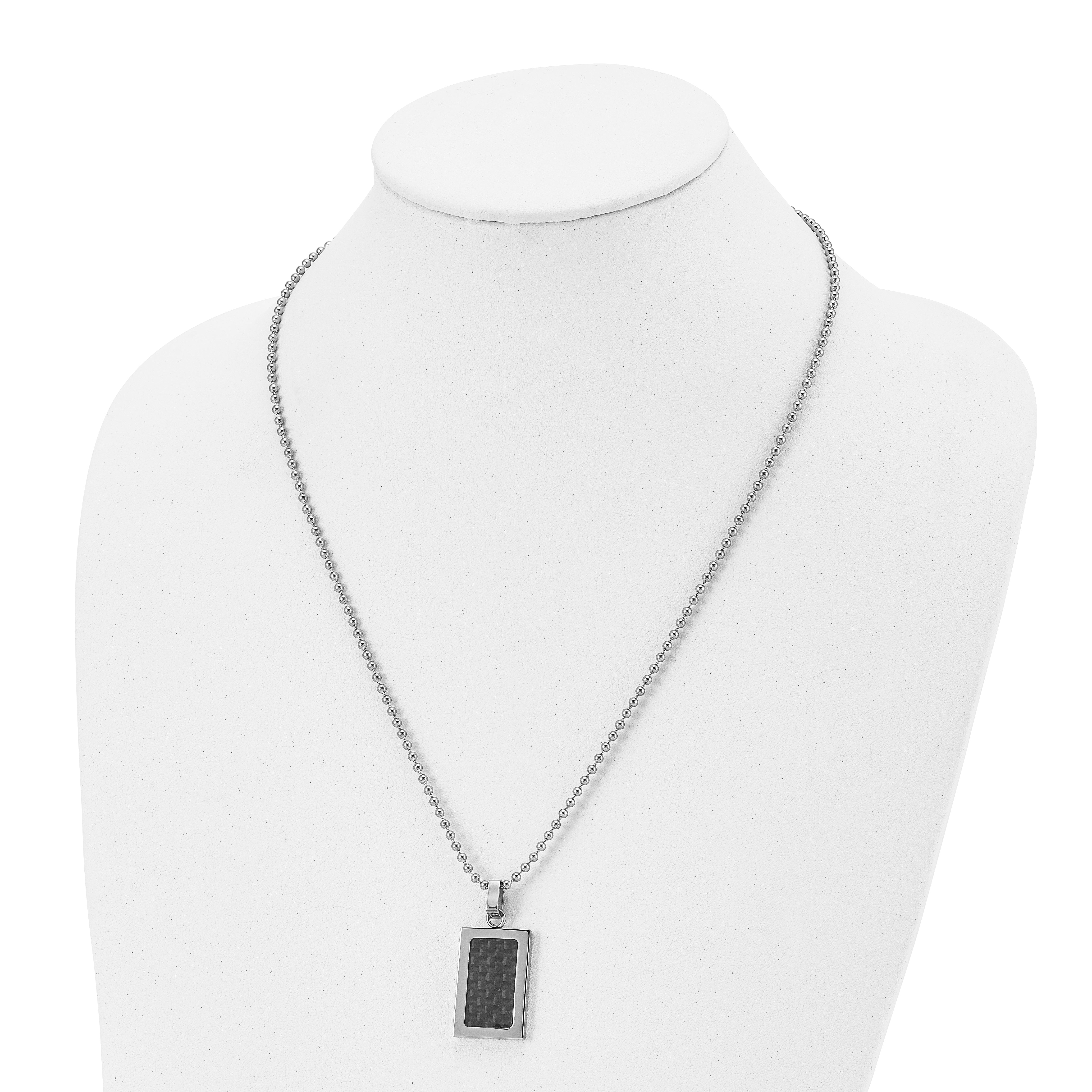 Stainless Steel 22In Polished W/Black Carbon Fiber Inlay Rectangle Necklac