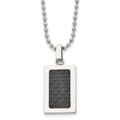 Stainless Steel 22In Polished W/Black Carbon Fiber Inlay Rectangle Necklac