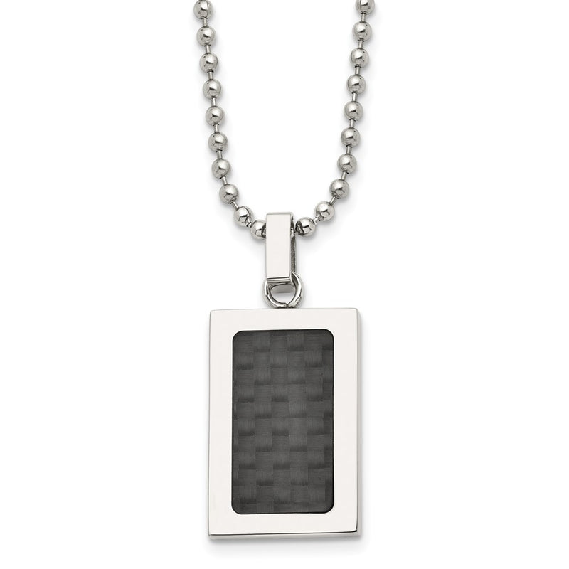 Stainless Steel 22In Polished W/Black Carbon Fiber Inlay Rectangle Necklac