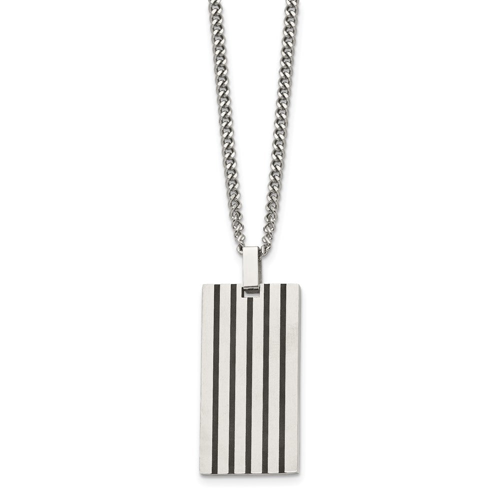 Stainless Steel Chisel Brushed With Black Rubber Inlay Rectangle Dog Tag On A 22 Inch Curb Chain Necklace