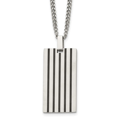 Stainless Steel Chisel Brushed With Black Rubber Inlay Rectangle Dog Tag On A 22 Inch Curb Chain Necklace