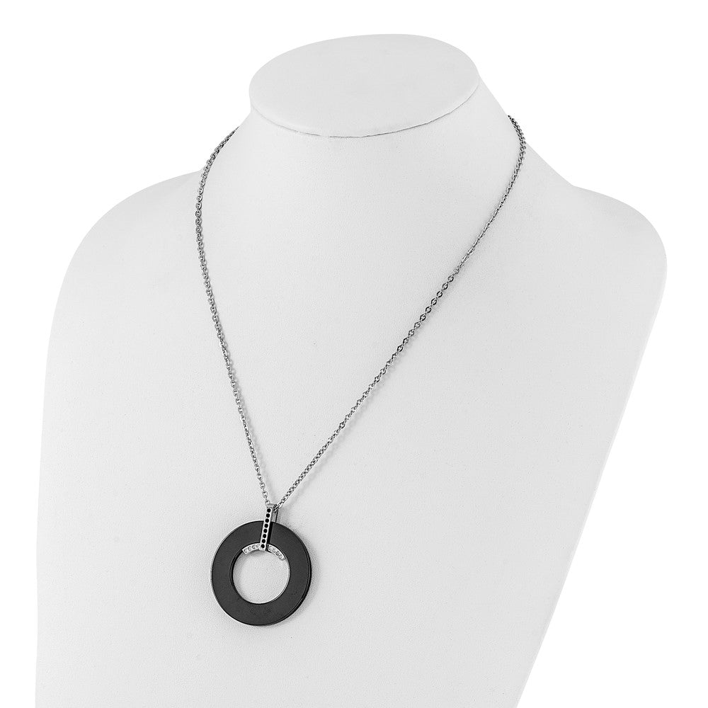 Stainless Steel Polished Black Ceramic & Clear Cz Circle Necklace