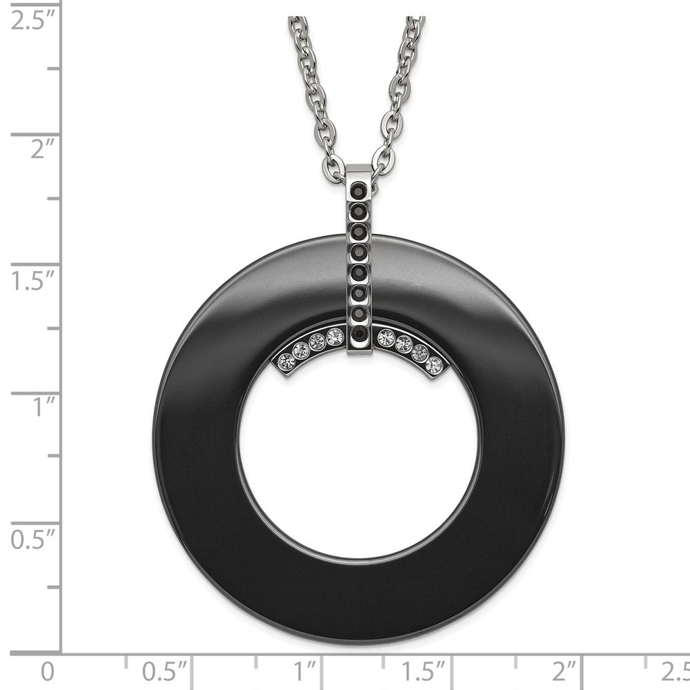 Stainless Steel Polished Black Ceramic & Clear Cz Circle Necklace