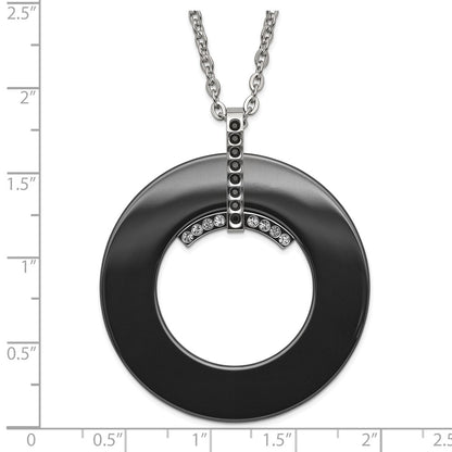 Stainless Steel Polished Black Ceramic & Clear Cz Circle Necklace