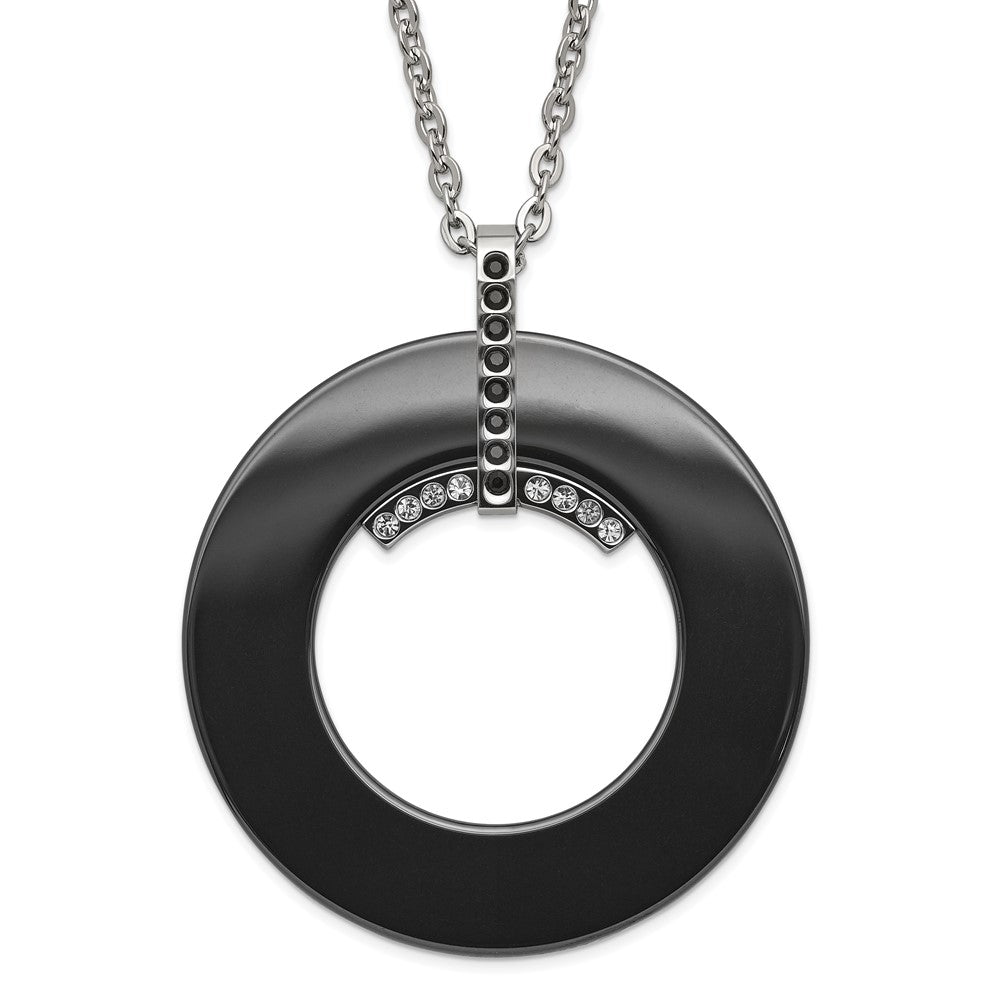 Stainless Steel Polished Black Ceramic & Clear Cz Circle Necklace