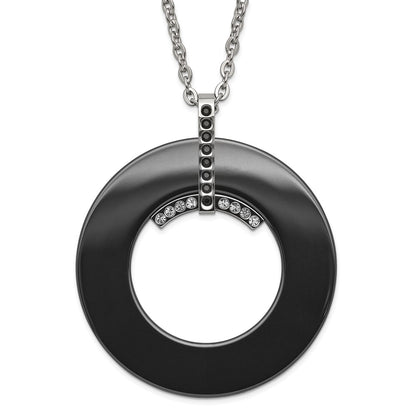 Stainless Steel Polished Black Ceramic & Clear Cz Circle Necklace