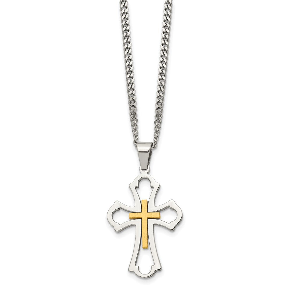 Stainless Steel Chisel Brushed And Polished Yellow Ip-Plated Cross Pendant On A 22 Inch Curb Chain Necklace