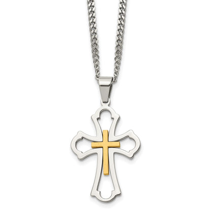 Stainless Steel Chisel Brushed And Polished Yellow Ip-Plated Cross Pendant On A 22 Inch Curb Chain Necklace