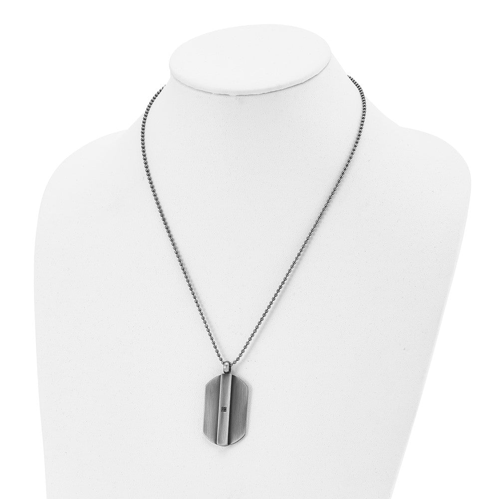 Stainless Steel Antiqued And Brushed W/Black Cz Dog Tag 20In Necklace