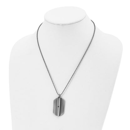 Stainless Steel Antiqued And Brushed W/Black Cz Dog Tag 20In Necklace