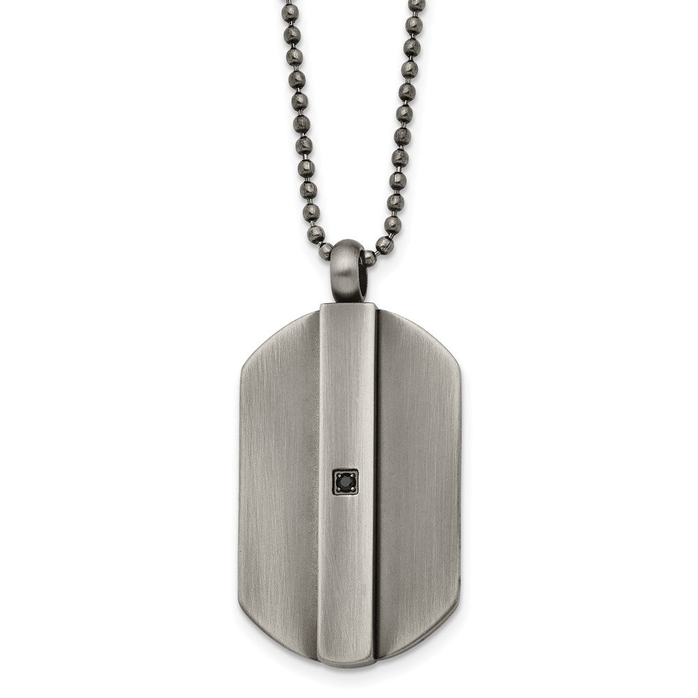Stainless Steel Antiqued And Brushed W/Black Cz Dog Tag 20In Necklace