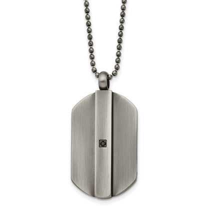 Stainless Steel Antiqued And Brushed W/Black Cz Dog Tag 20In Necklace