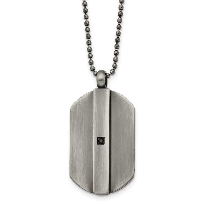 Stainless Steel Antiqued And Brushed W/Black Cz Dog Tag 20In Necklace