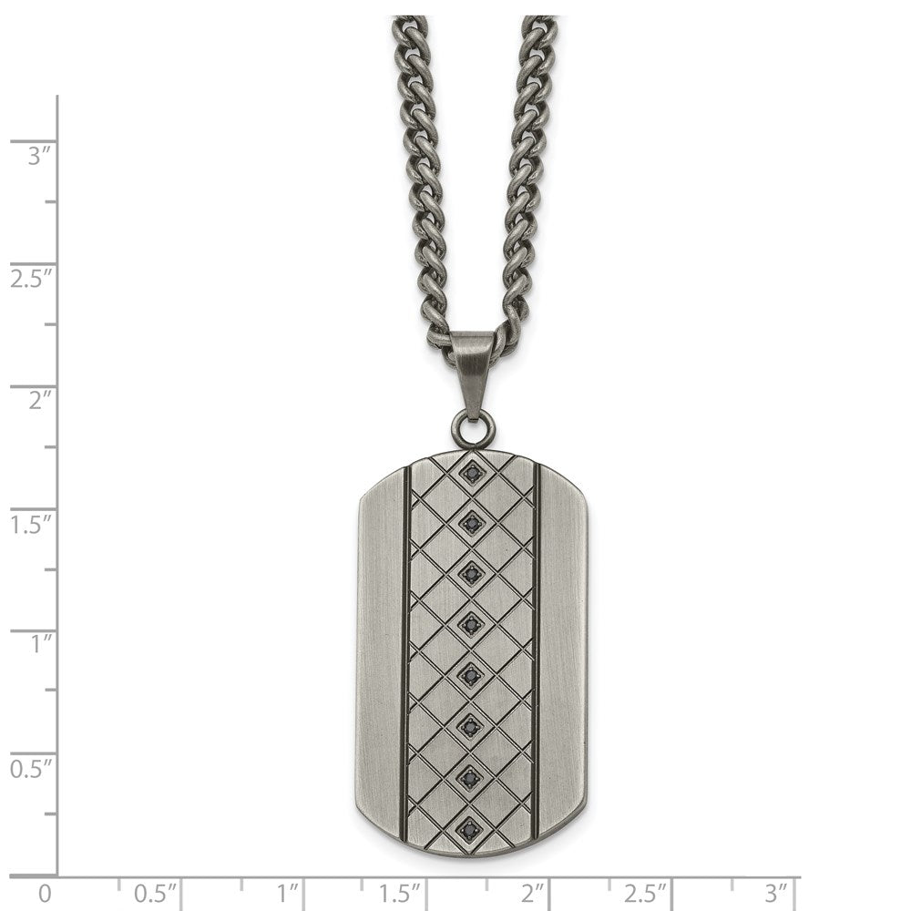 Stainless Steel Chisel Brushed And Textured With Black Cz Dog Tag On A 22 Inch Curb Chain Necklace