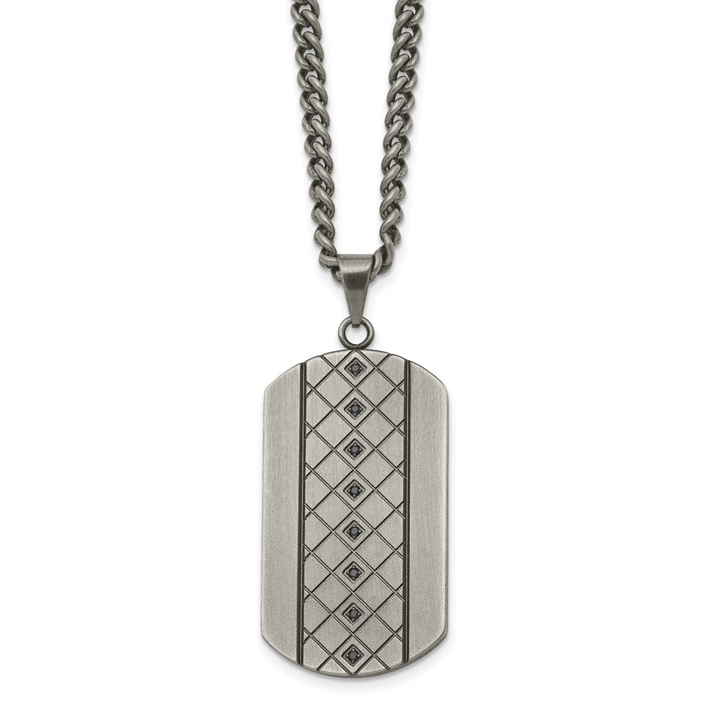 Stainless Steel Chisel Brushed And Textured With Black Cz Dog Tag On A 22 Inch Curb Chain Necklace