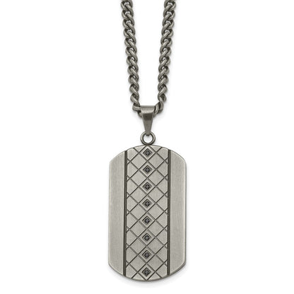 Stainless Steel Chisel Brushed And Textured With Black Cz Dog Tag On A 22 Inch Curb Chain Necklace