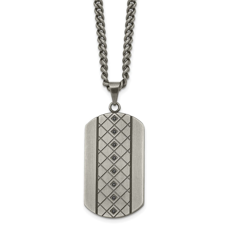 Stainless Steel Chisel Brushed And Textured With Black Cz Dog Tag On A 22 Inch Curb Chain Necklace