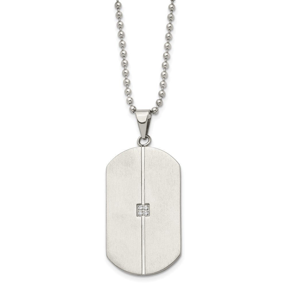 Stainless Steel Chisel Brushed And Polished With Cz Dog Tag On A 20 Inch Ball Chain Necklace