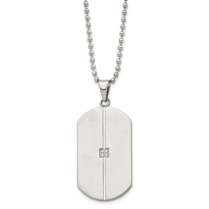 Stainless Steel Chisel Brushed And Polished With Cz Dog Tag On A 20 Inch Ball Chain Necklace