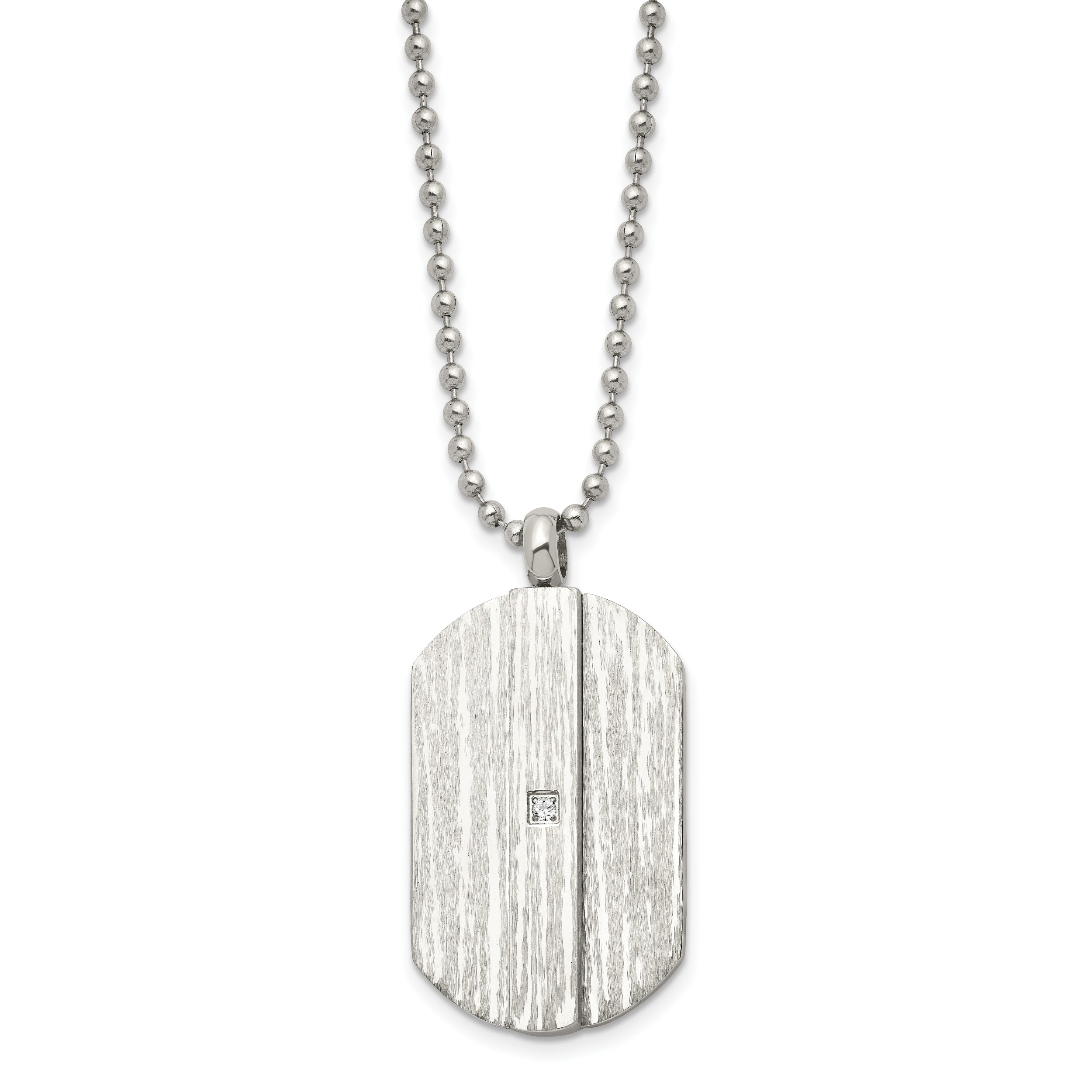 Stainless Steel 20In Brushed & Polished W/Cz Dog Tag Necklace