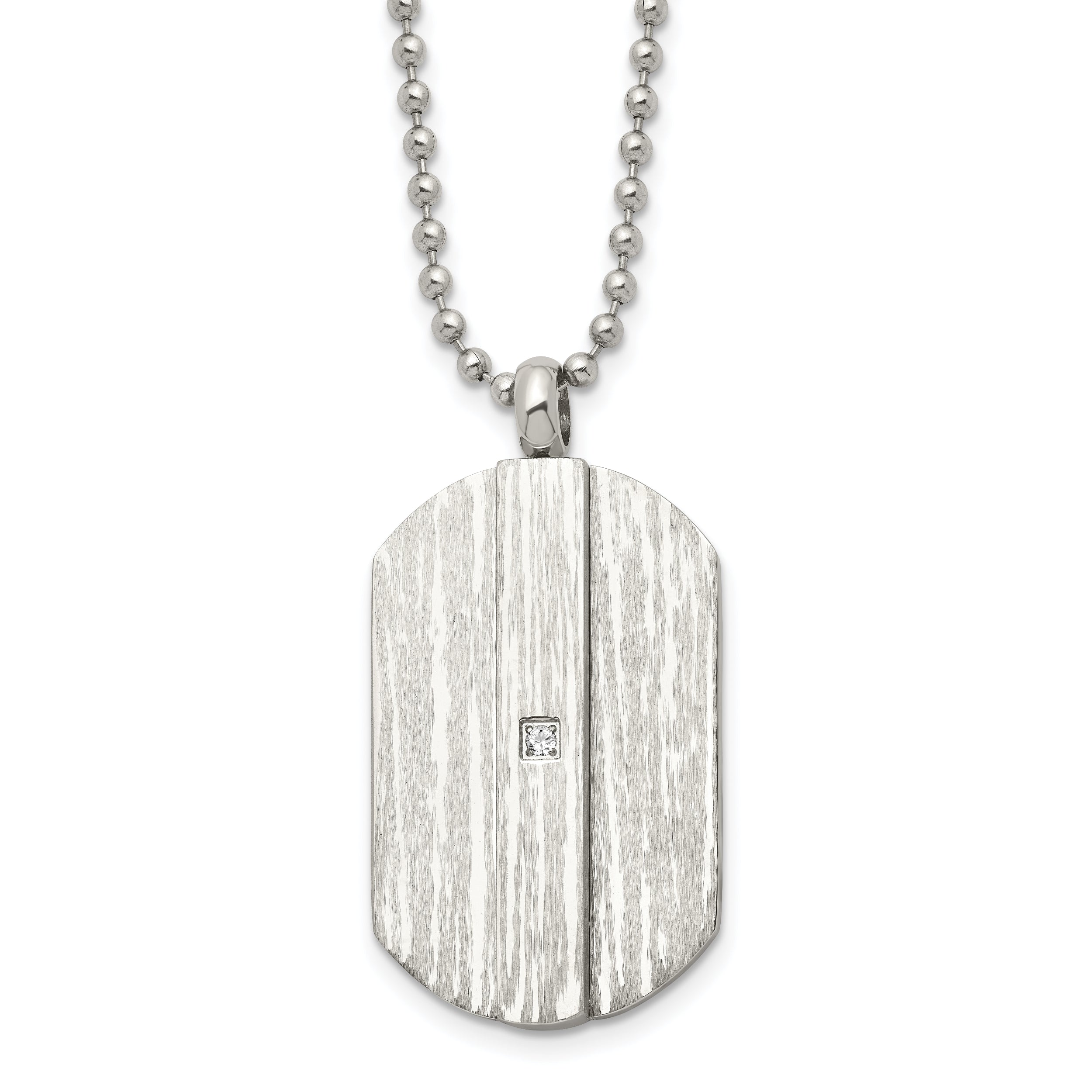 Stainless Steel 20In Brushed & Polished W/Cz Dog Tag Necklace