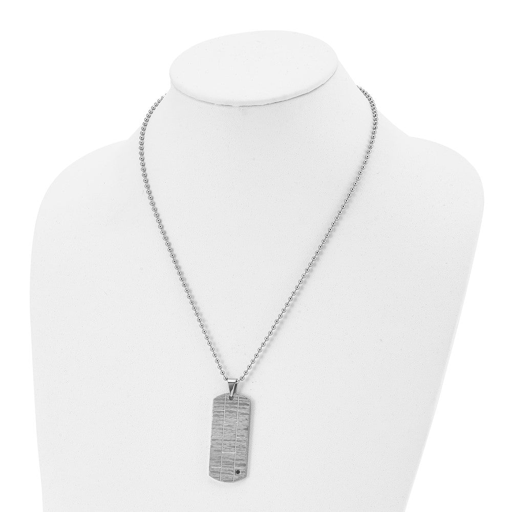 Stainless Steel Chisel Polished And Satin With Black Cz Dog Tag On A 20 Inch Ball Chain Necklace