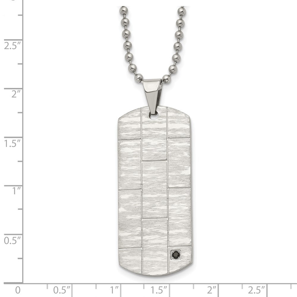 Stainless Steel Chisel Polished And Satin With Black Cz Dog Tag On A 20 Inch Ball Chain Necklace