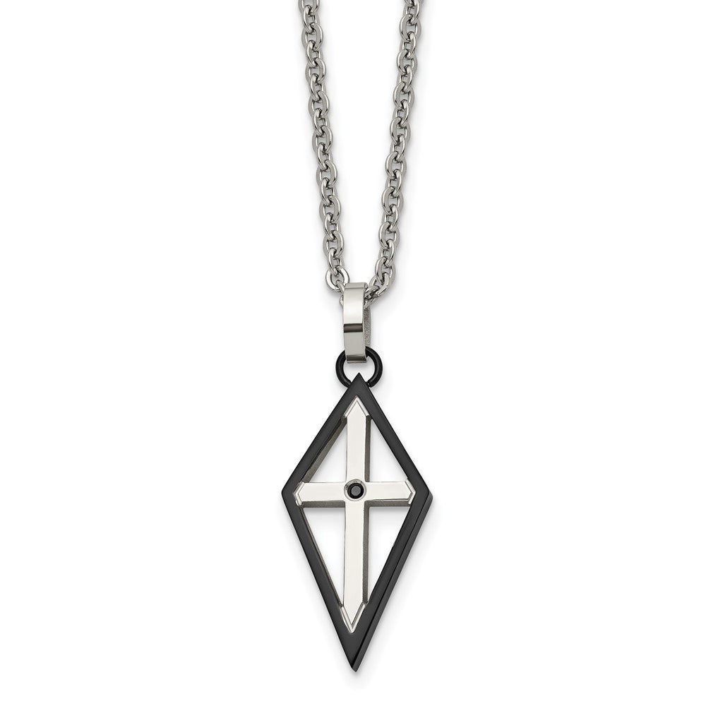 Stainless Steel Polished Black Ip-Plated W/Cz Cross 20In Necklace