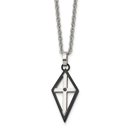 Stainless Steel Polished Black Ip-Plated W/Cz Cross 20In Necklace