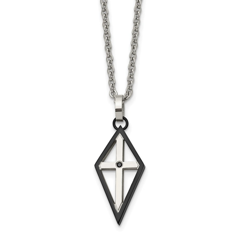 Stainless Steel Polished Black Ip-Plated W/Cz Cross 20In Necklace
