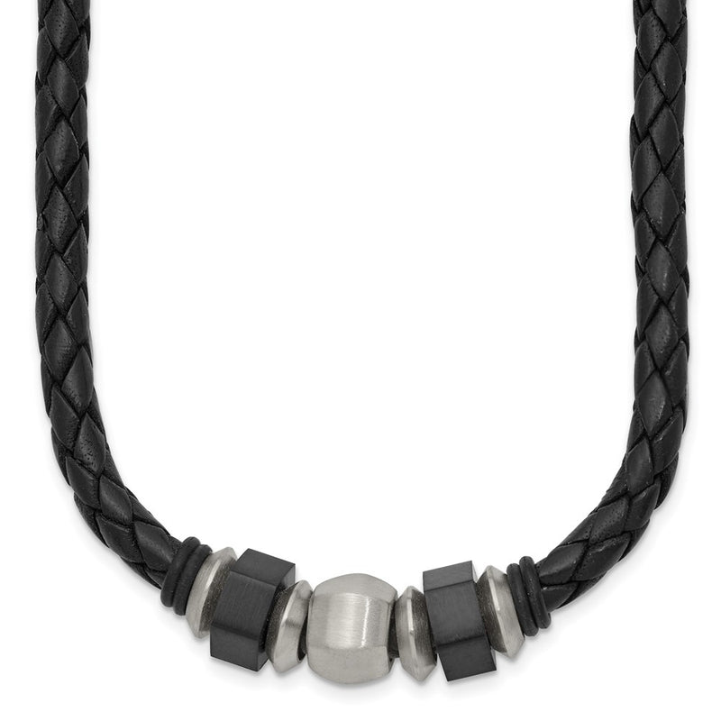 Stainless Steel Chisel Brushed Black Ip-Plated Leather And Rubber 19.25 Inch Necklace