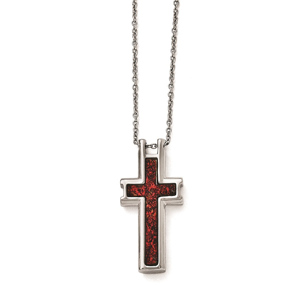Stainless Steel Polished Red/Black Enameled 19.75 Inch Cross Necklace