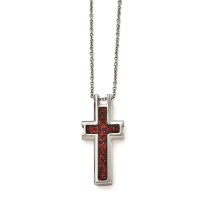 Stainless Steel Polished Red/Black Enameled 19.75 Inch Cross Necklace