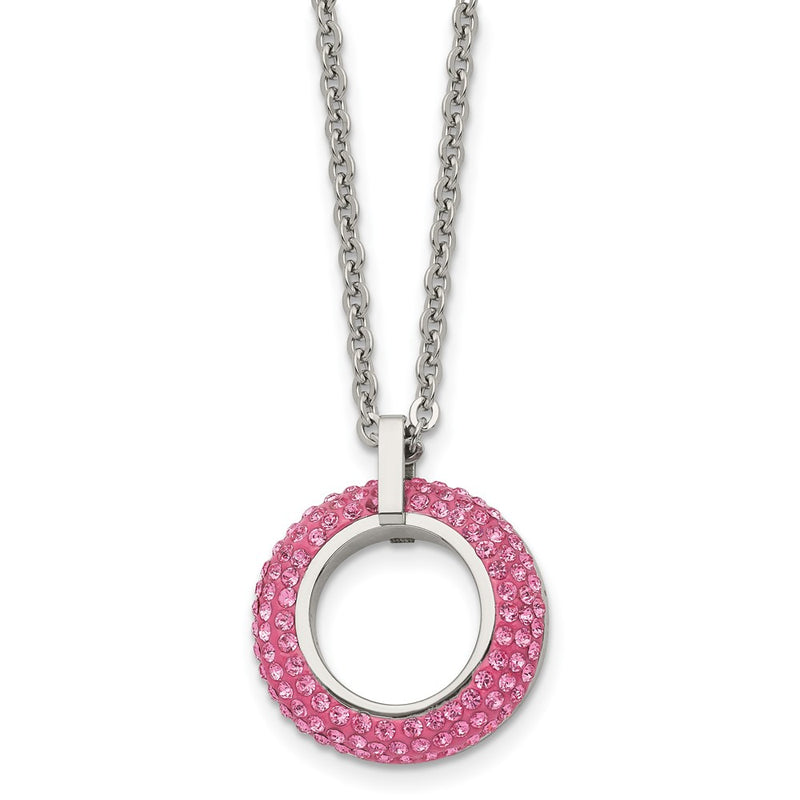 Stainless Steel Polished With Pink Crystal Circle 18In Necklace