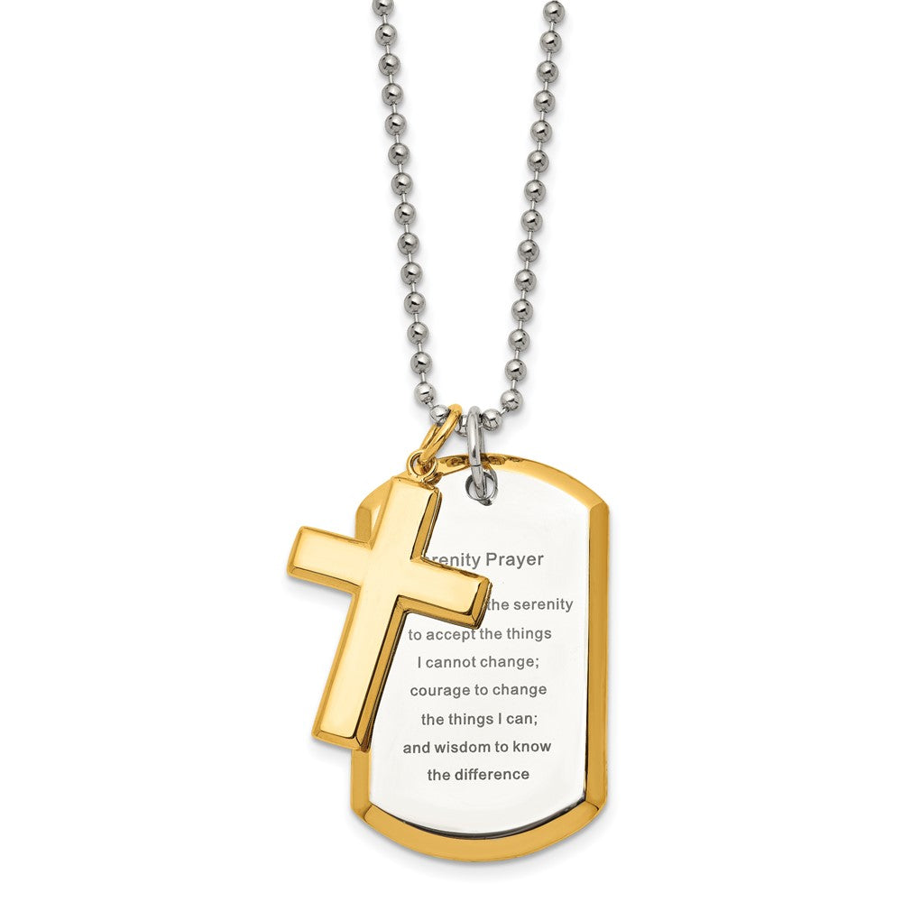 Stainless Steel Chisel Polished Yellow Ip-Plated 2 Piece Cross And Serenity Prayer Dog Tag On A 24 Inch Ball Chain Necklace