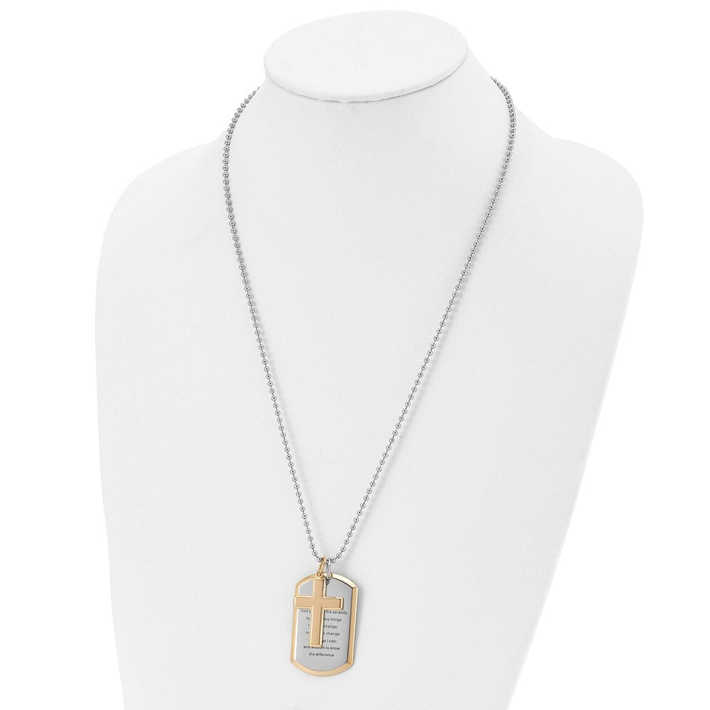 Stainless Steel Chisel Polished Yellow Ip-Plated 2 Piece Cross And Serenity Prayer Dog Tag On A 24 Inch Ball Chain Necklace