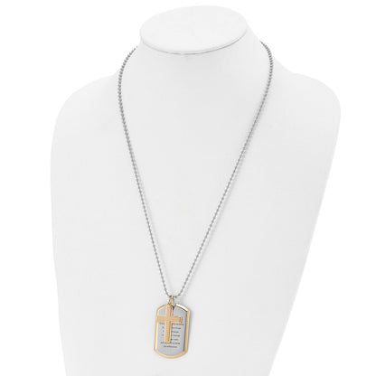 Stainless Steel Chisel Polished Yellow Ip-Plated 2 Piece Cross And Serenity Prayer Dog Tag On A 24 Inch Ball Chain Necklace