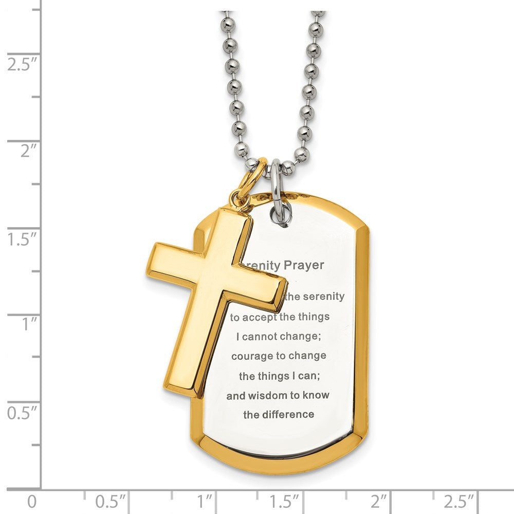 Stainless Steel Chisel Polished Yellow Ip-Plated 2 Piece Cross And Serenity Prayer Dog Tag On A 24 Inch Ball Chain Necklace