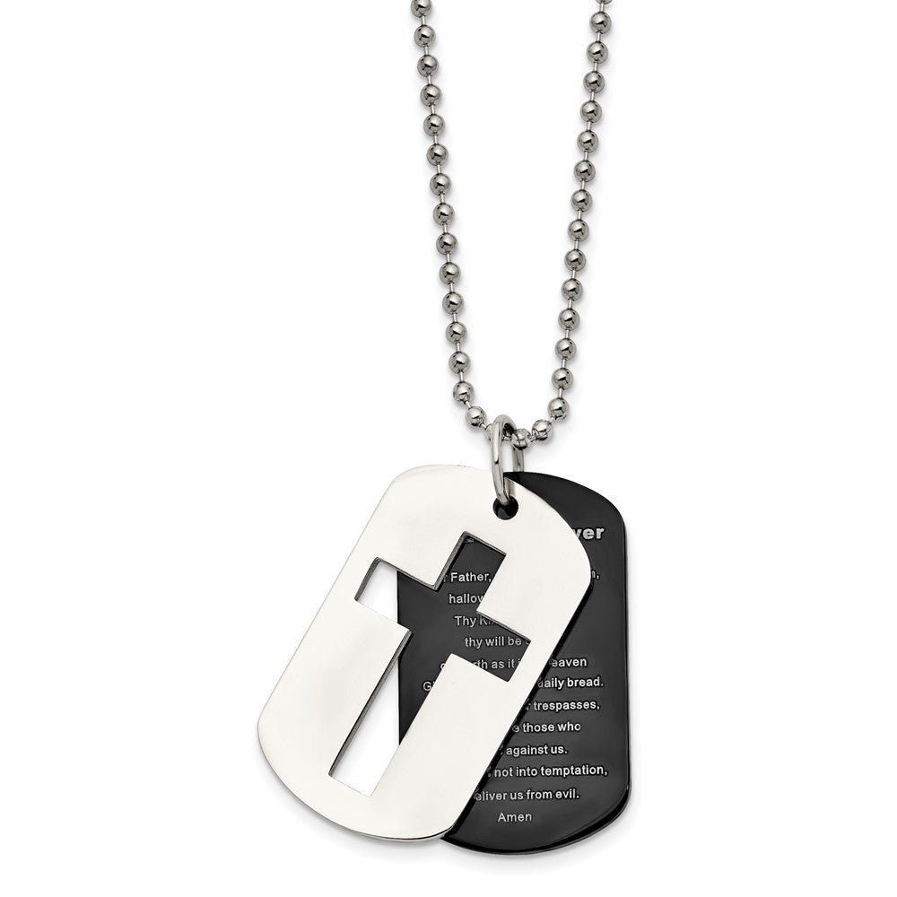 Stainless Steel Chisel Polished Black Ip-Plated 2 Piece Lord'S Prayer Dog Tag On A 24 Inch Ball Chain Necklace