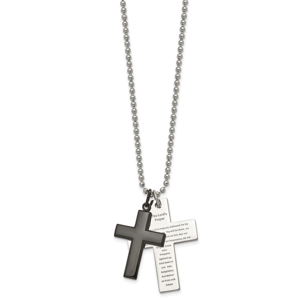 Stainless Steel Chisel Polished Black Ip-Plated 2 Piece Lord'S Prayer Cross On A 24 Inch Necklace