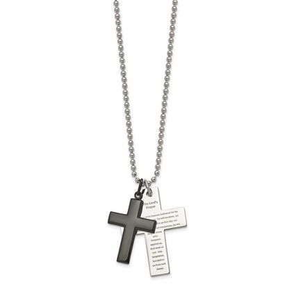 Stainless Steel Chisel Polished Black Ip-Plated 2 Piece Lord'S Prayer Cross On A 24 Inch Necklace