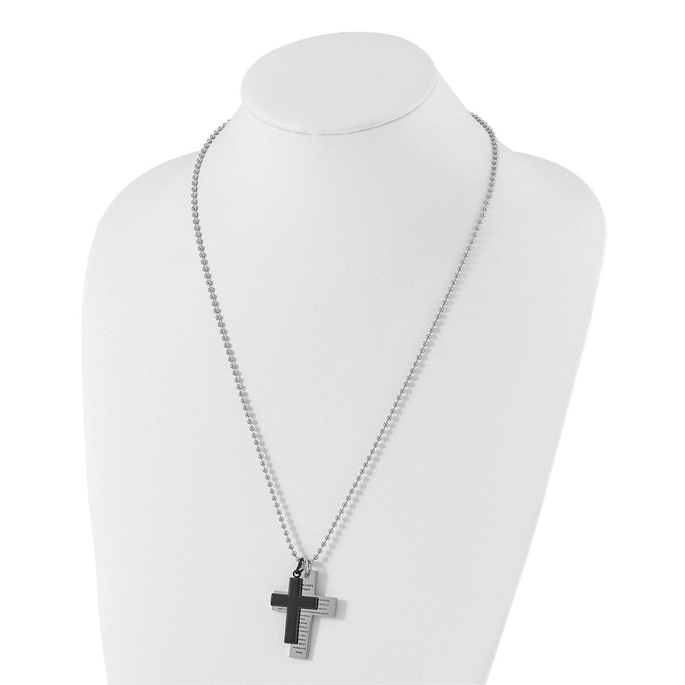Stainless Steel Chisel Polished Black Ip-Plated 2 Piece Lord'S Prayer Cross On A 24 Inch Necklace