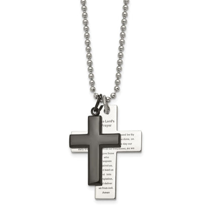Stainless Steel Chisel Polished Black Ip-Plated 2 Piece Lord'S Prayer Cross On A 24 Inch Necklace