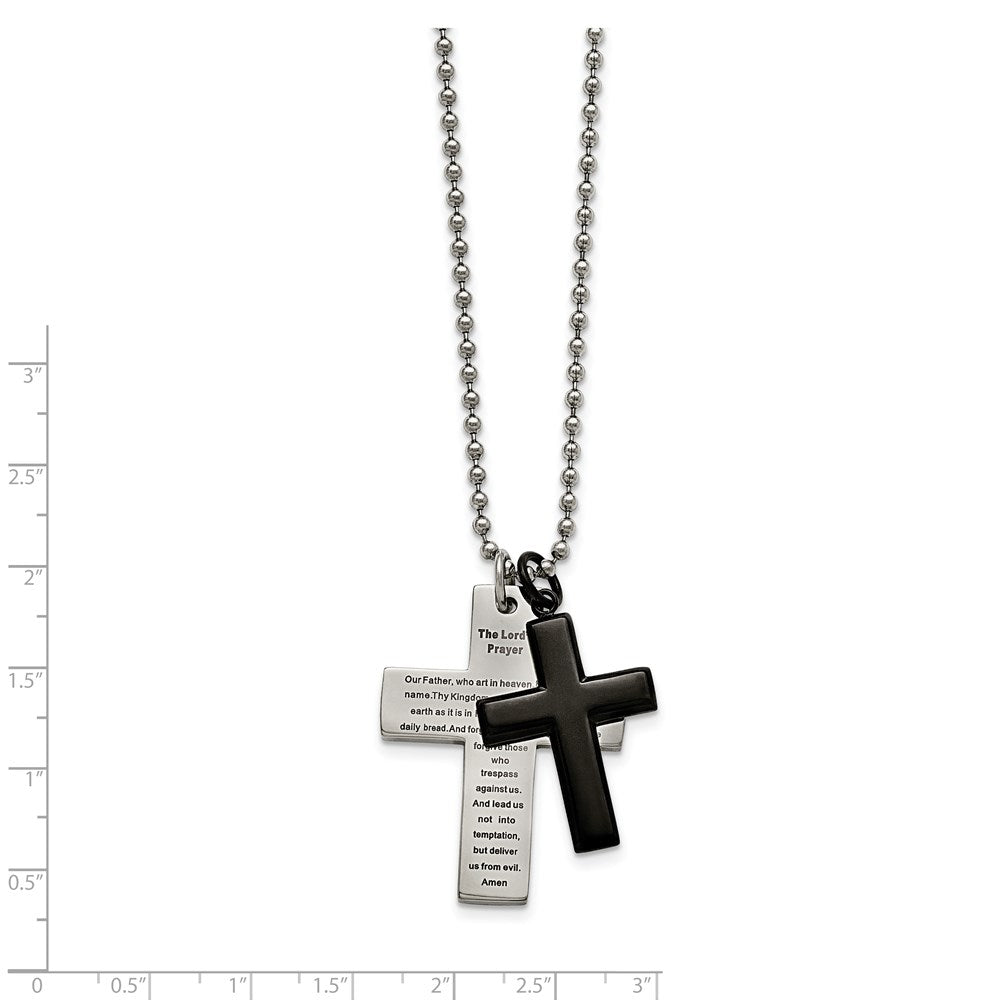 Stainless Steel Chisel Polished Black Ip-Plated 2 Piece Lord'S Prayer Cross On A 24 Inch Necklace