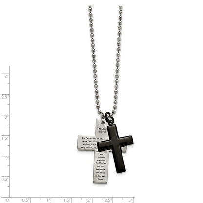 Stainless Steel Chisel Polished Black Ip-Plated 2 Piece Lord'S Prayer Cross On A 24 Inch Necklace