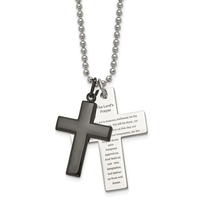 Stainless Steel Chisel Polished Black Ip-Plated 2 Piece Lord'S Prayer Cross On A 24 Inch Necklace