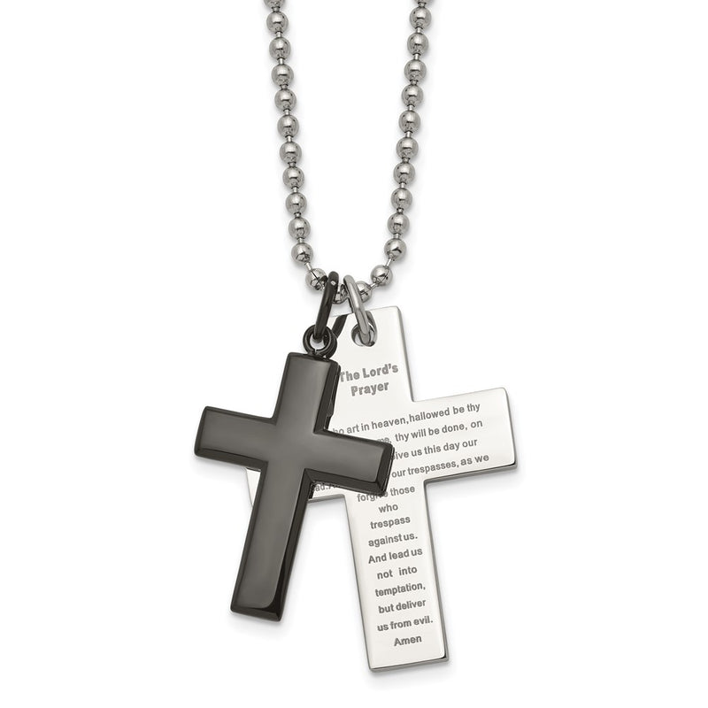 Stainless Steel Chisel Polished Black Ip-Plated 2 Piece Lord'S Prayer Cross On A 24 Inch Necklace
