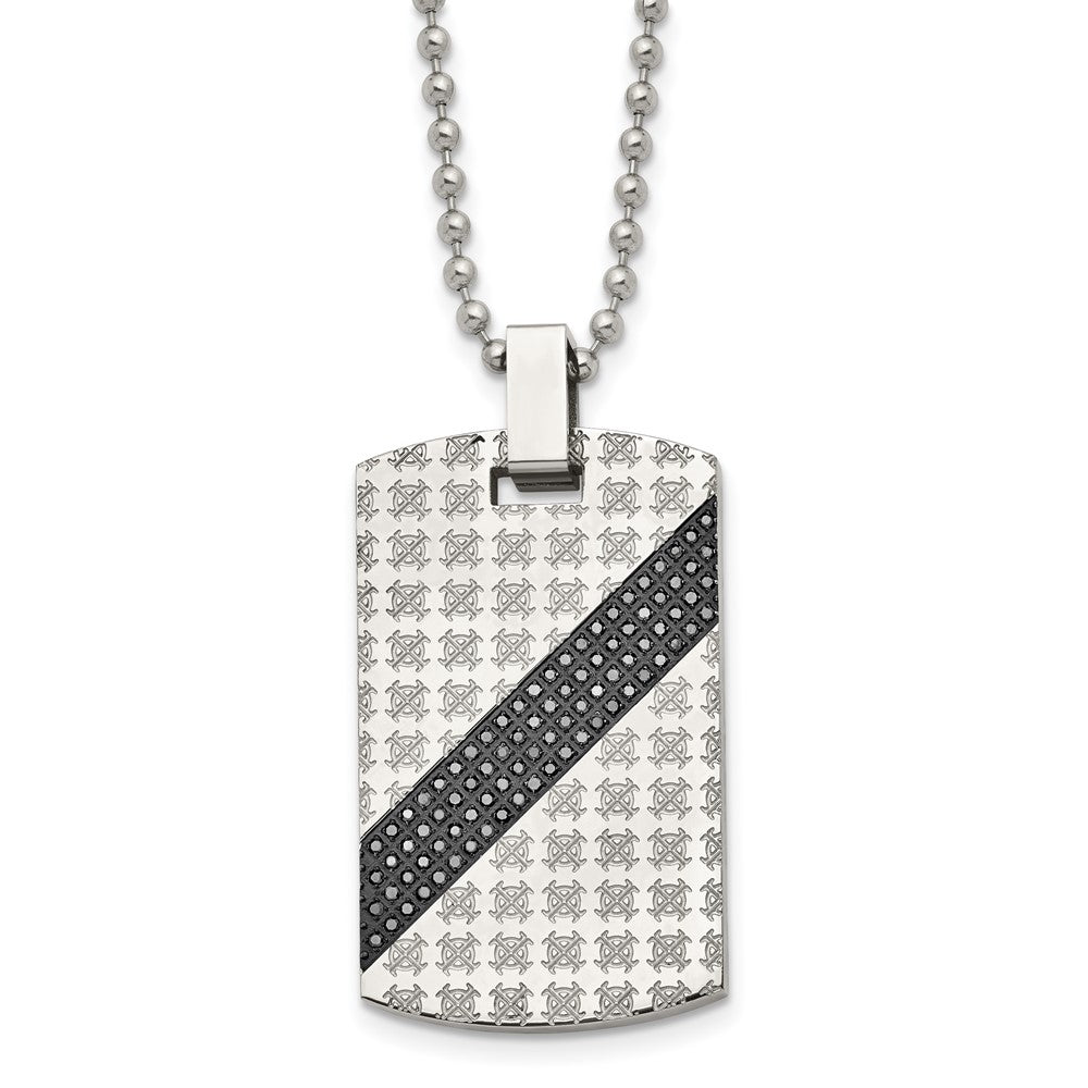 Stainless Steel Chisel Polished With 1/2 Carat Black Diamond Dog Tag On A 24 Inch Ball Chain Necklace