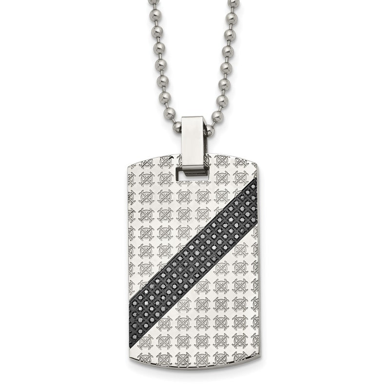 Stainless Steel Chisel Polished With 1/2 Carat Black Diamond Dog Tag On A 24 Inch Ball Chain Necklace
