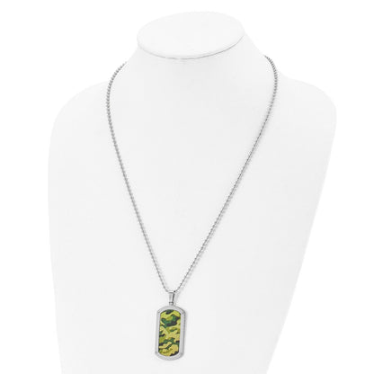 Stainless Steel Chisel Polished Camouflage Enameled Dog Tag On A 24 Inch Ball Chain Necklace
